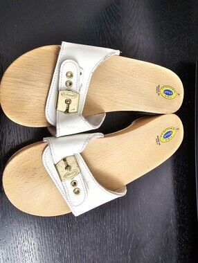 Dr. Scholl's White Slide Sandals with Gold Buckle